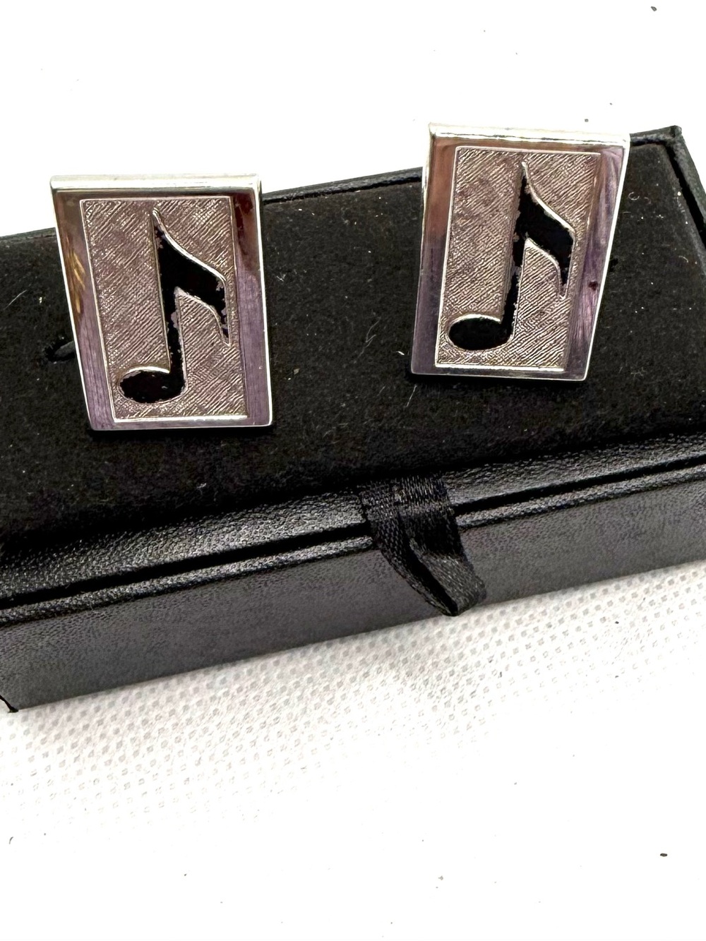 Music Note Rectangular Cufflinks in Silver and Black - Swank